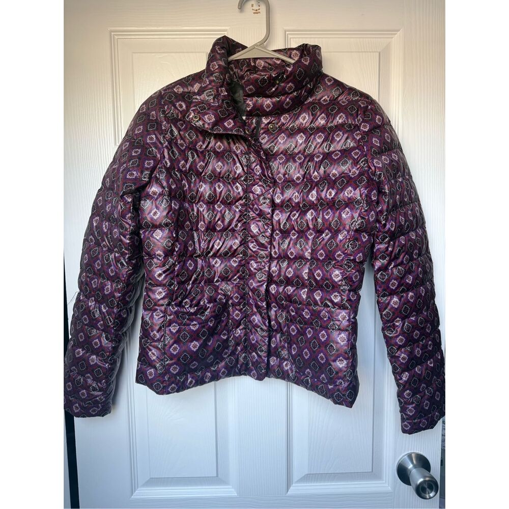 Lands' End Puffer Coat XS Women's Purple Floral Down Feathers Winter Snow Ski